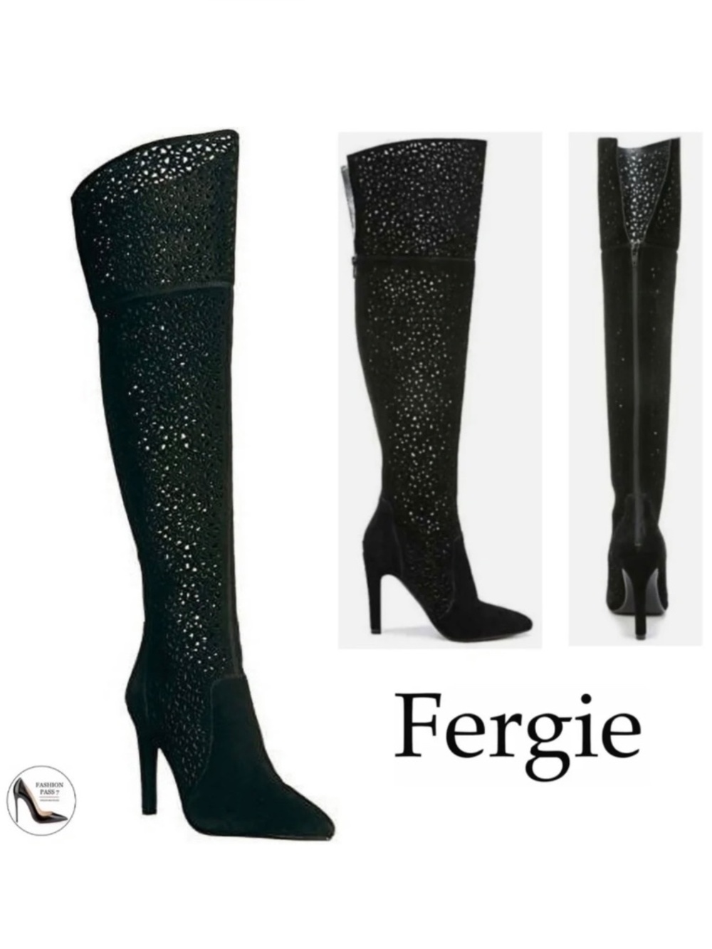 Fergie Destiny Black Suede Laser Cutout Over The Knee Stiletto Heeled Boots 8